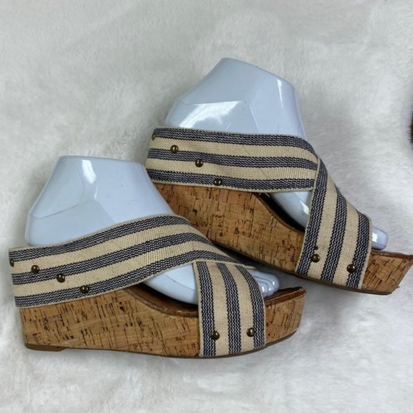 Crown Vintage Delight Criss Cross Striped‎ Cork Wedge Platform Sandal, Sz 7.5 - Picture 1 of 12